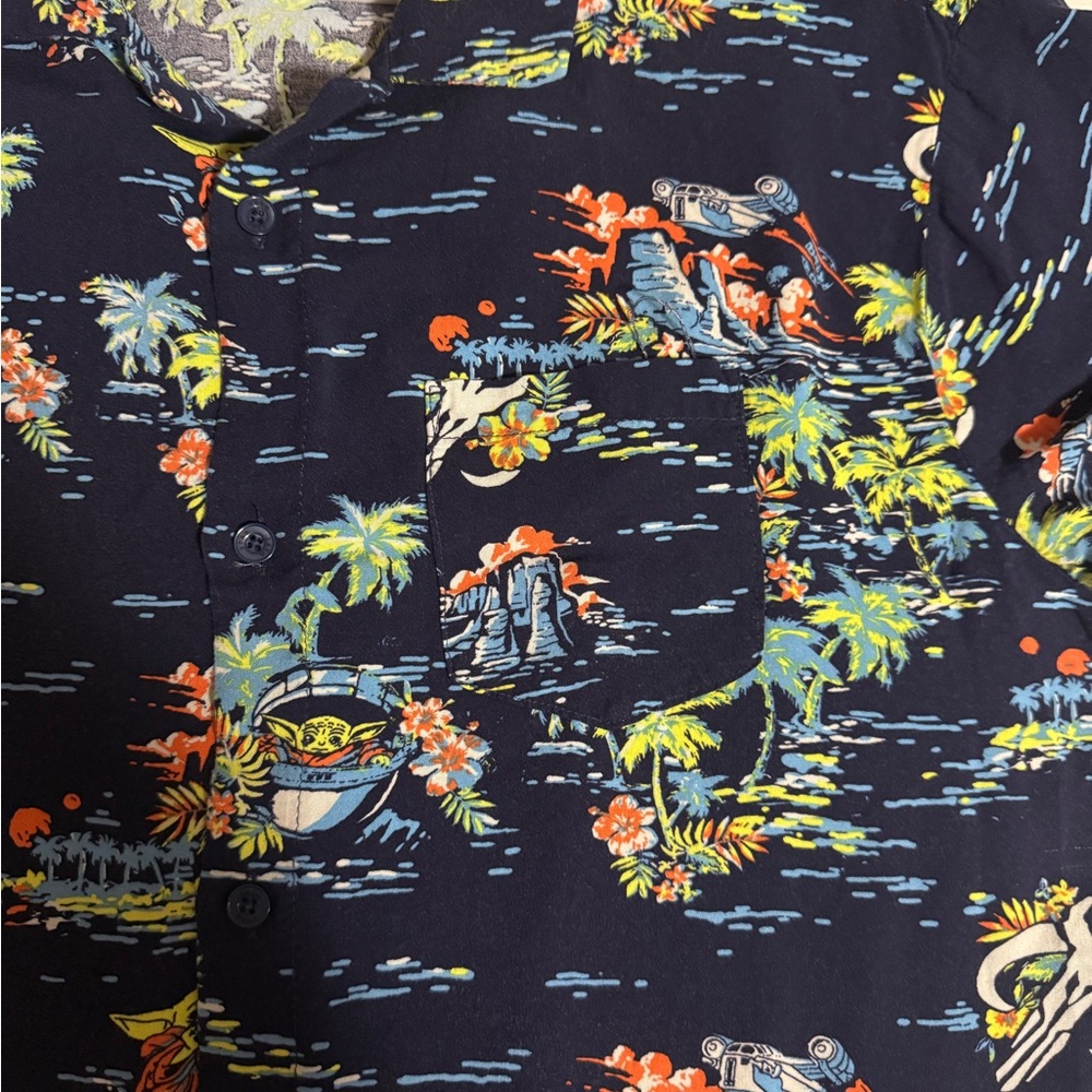 Star Wars Medium Hawaiian Mandarolian Grogu Baby Yoda Navy Tropical Print Shirt - Picture 4 of 8